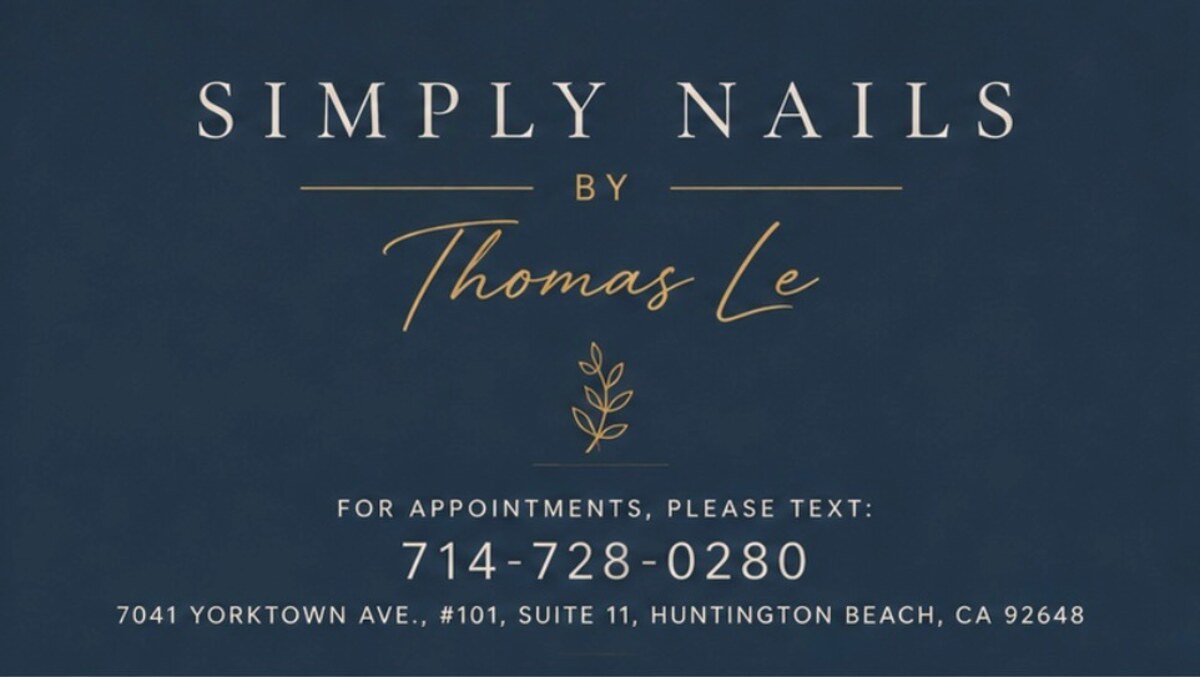 Business card for Simply Nails by Thomas Le, listing the phone number 714-728-0280 and the studio address